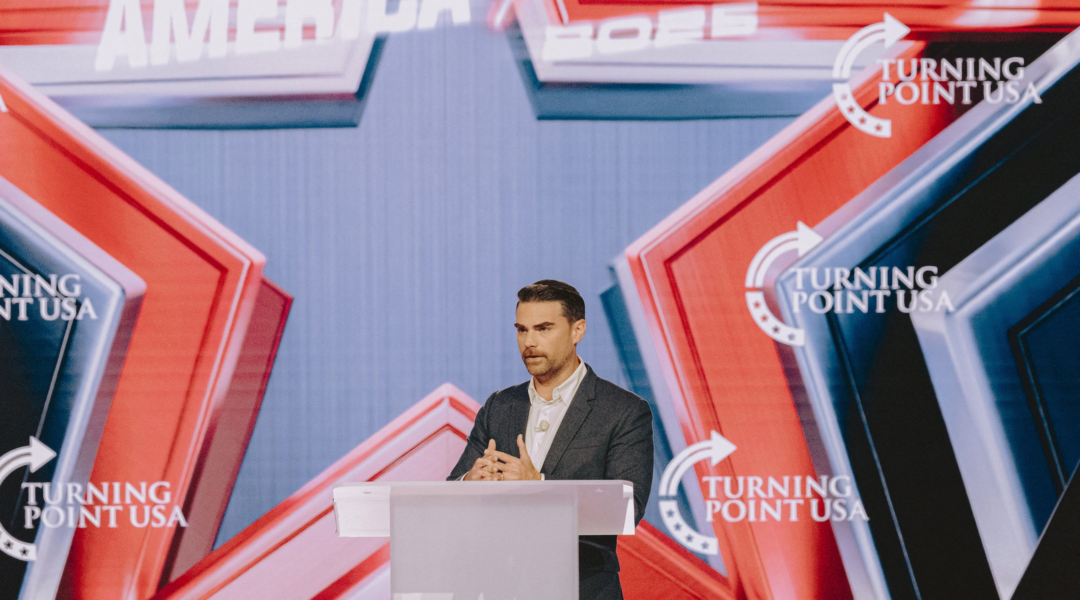 US conservative political commentator Ben Shapiro speaks during Turning Point’s annual AmericaFest conference in remembrance of late right-wing political activist Charlie Kirk, in Phoenix, Arizona on Dec. 18, 2025.