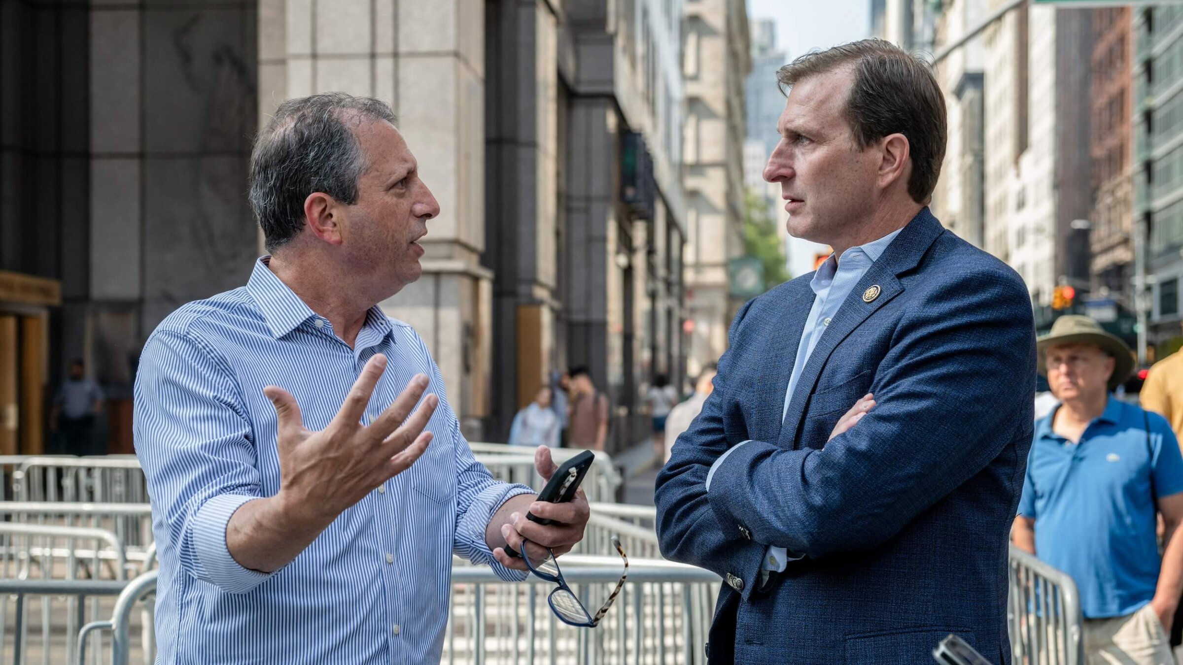 R to L:  Rep. Dan Goldman (D-NY) and
Brad Lander, the former New York City comptroller, on Aug. 7, 2025. 